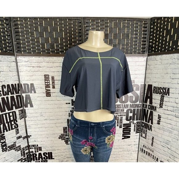 Cosabella L Charcoal Gray Neon Stitch Detail Textured Short Sleeve Crop Top - Picture 1 of 6